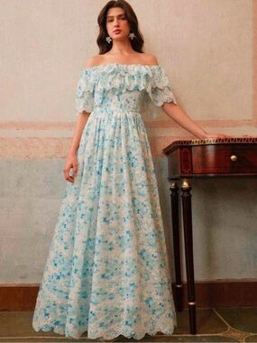 Off-Shoulder Blue Floral Lace Maxi Dress